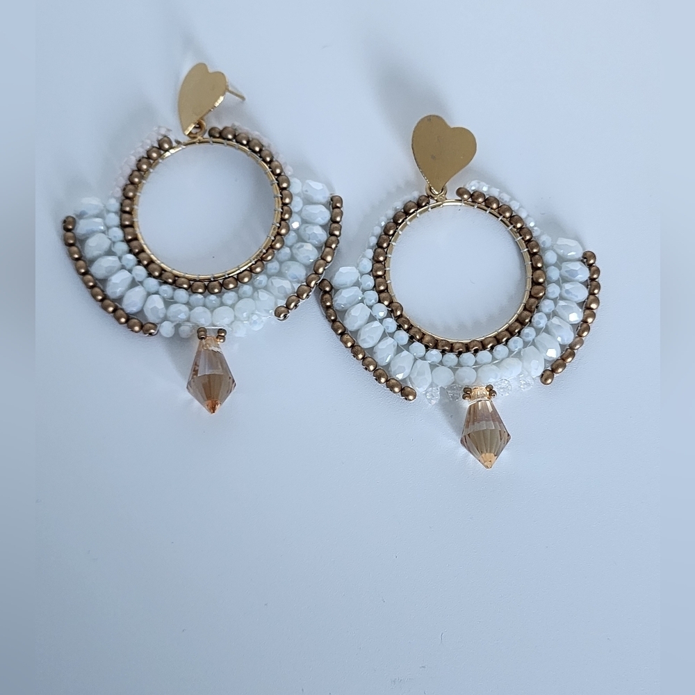 Gold and White Color Handmade Heart Hoop Earrings